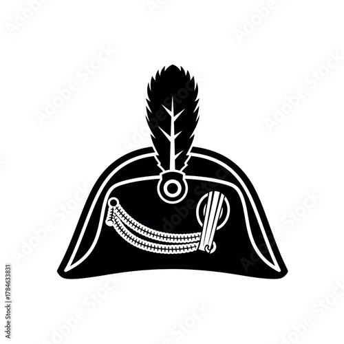 Napoleonic bicorne hat with feather and decorations.