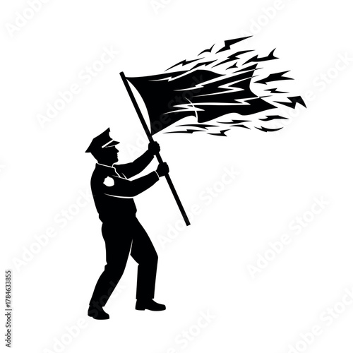 Police Officer Waving a Tattered Flag Silhouette.