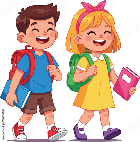 Cartoon schoolchildren walking illustration, boy and girl with books, cheerful expressions, backpacks, educational theme, playful design, student characters