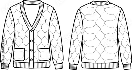 Quilted cardigan technical sketch, front and back view, fashion design, garment blueprint, button sweater, apparel template, clothing illustration, knitwear style