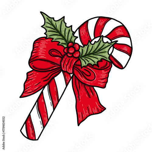Classic christmas cartoon candy cane with red bow and holly vector. Festive hand drawn peppermint cane illustration