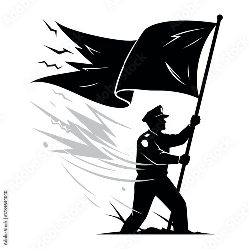 Silhouette of a police officer holding a tattered flag.