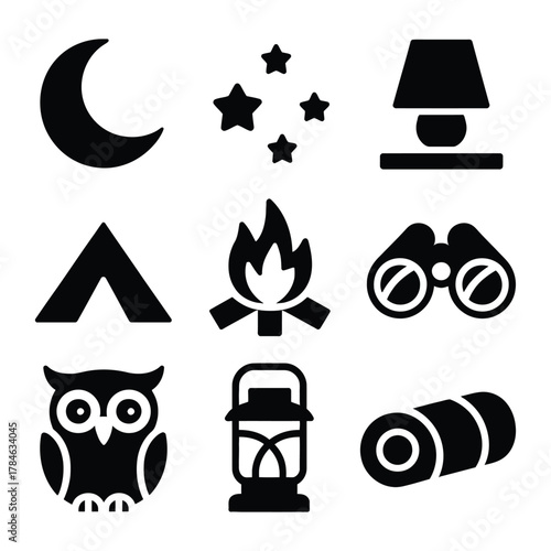 Camping Night Icons Moon Stars Lamp Tent Campfire Binoculars Owl Lantern Sleeping Bag crescent moon