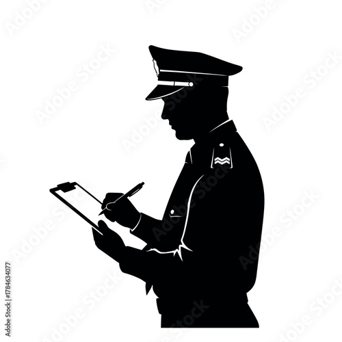 Silhouette of a police officer writing on a clipboard.