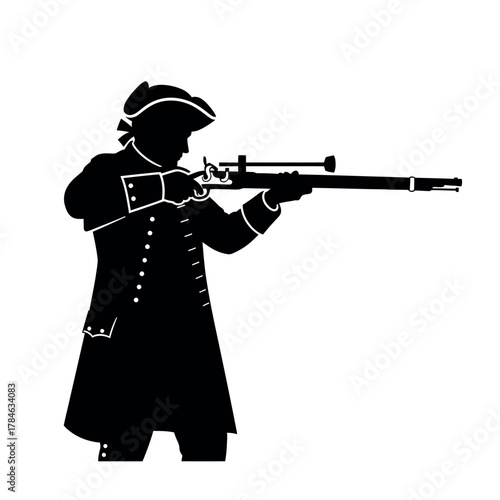 Silhouette of a Revolutionary War Soldier Aiming Rifle.