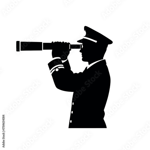 Silhouette of a sea captain looking through a telescope.