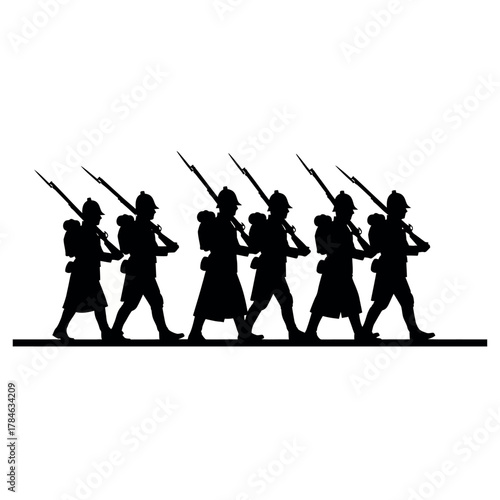 Silhouette of soldiers marching with rifles.