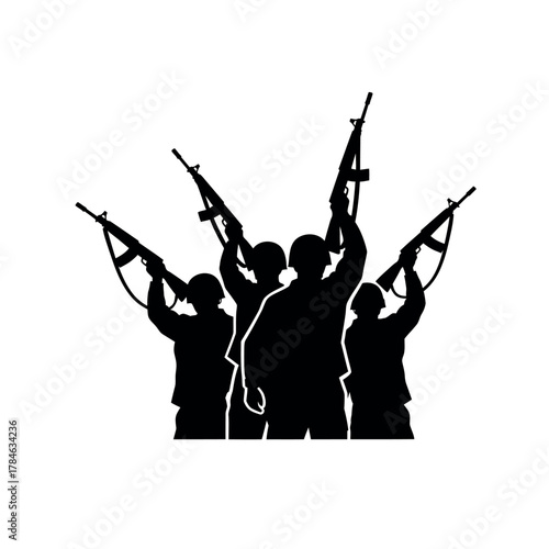 Silhouette of Soldiers Raising Rifles in Solidarity.