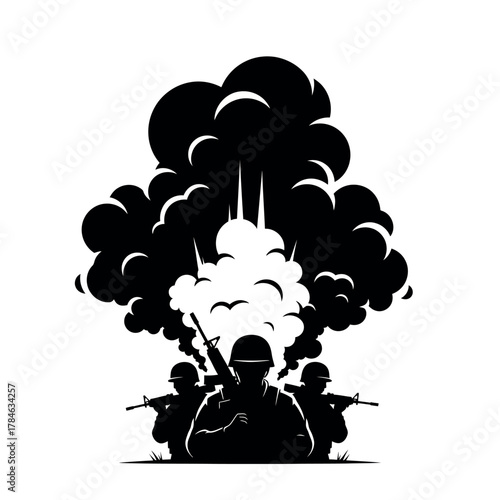 Silhouette soldiers in combat with explosion background.