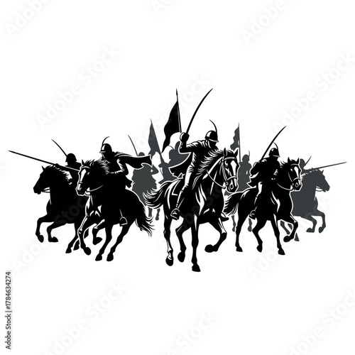 Silhouettes of ancient warriors on horseback in a battle scene.