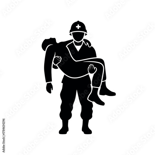 Soldier carrying injured person silhouette.