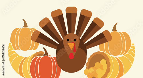 Cute Flat Turkey and Pumpkin Thanksgiving Feast Holiday Illustration