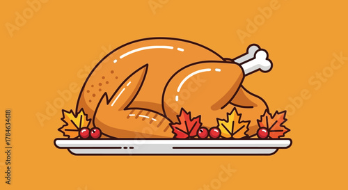 Cartoon Style Roasted Turkey Dinner with Leaves Thanksgiving Holiday Celebration