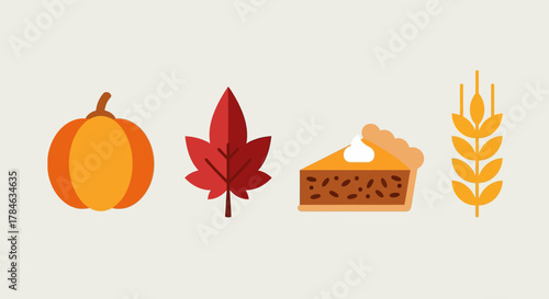 Flat Design Harvest Season Element Icon Set Pumpkin Leaf Pie Wheat