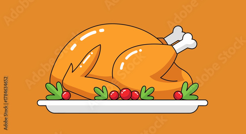 Cartoon Flat Illustration Roasted Turkey with Garnishes on Platter Food