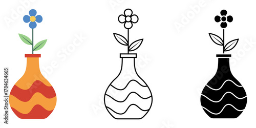 Decorative vase with colorful floral arrangement isolated vector art illustration
