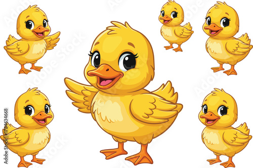 Six cartoon yellow ducklings, cute baby ducks group, cheerful animal illustration, expressive eyes, orange beaks, playful pet clipart scene