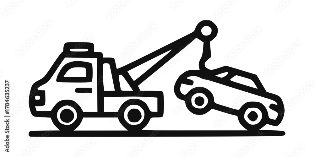 Naklejka premium Handmade Outline vector icon of tow truck towing car, vehicle service concept