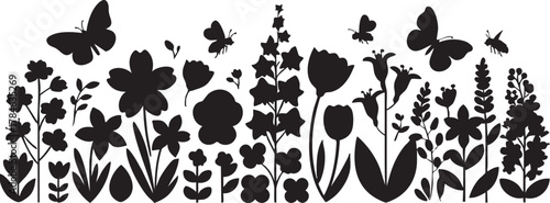 Black and white floral vector illustration: butterflies, flowers, and garden design eps silhouette