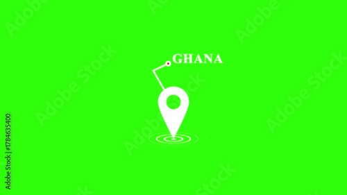 Ghana map location pin on green screen background, GPS navigation pointer, travel and destination search concept, digital world position marker, geography and global location animation template