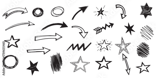  Vector line marker hand drawn brush arrow doodle set. Sketch pencil stroke graphic