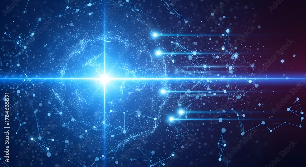 Fototapeta premium Global network connection and high-speed data transfer. Artificial intelligence and big data concept. Bright light energy core sending digital information beams through a plexus grid