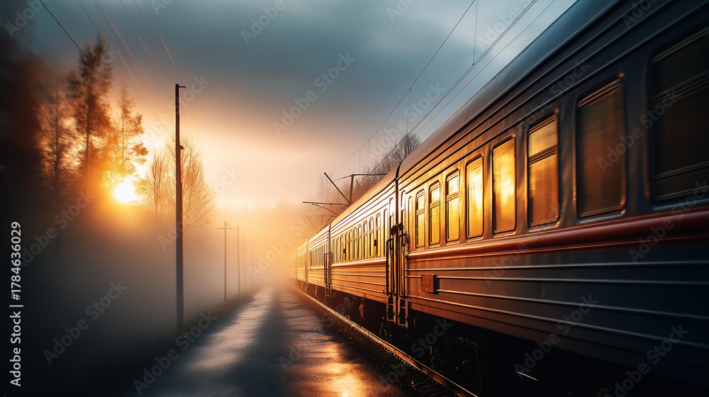 Fototapeta premium A train passing slowly through fog, cinematic travel mood, golden light reflections.