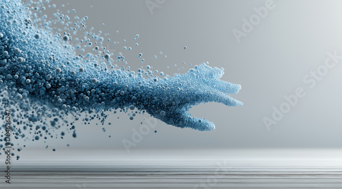 Human hand digitally fragmenting into blue particles suggesting technological transformation and virtual evolution.