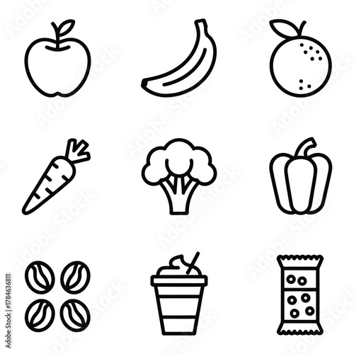 Nine icons of fruits, vegetables, and coffee on a white background apple banana