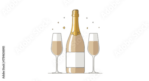 Minimalist line art illustration of a champagne bottle with a blank label and two full flutes, symbolizing celebration, success, and special occasions