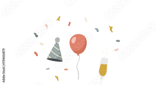 A festive collection of party icons, including a celebratory hat, balloon, champagne, and confetti for special occasions