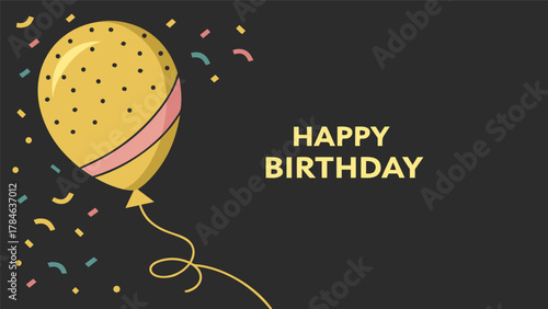 Happy Birthday” illustration featuring 3D realistic golden air balloons floating on a deep black background, paired with shimmering glitter confetti