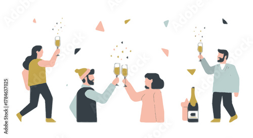 Cheerful group of friends or colleagues celebrating a special occasion, toasting with glasses of champagne under falling confetti
