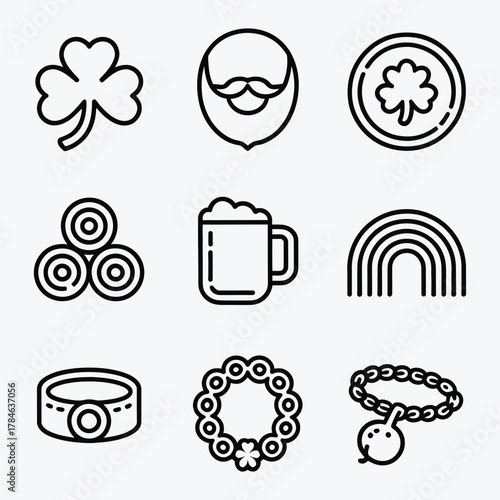 St Patricks Day Icons Set With Shamrock Beer Hat Coin And Rainbow vector illustration