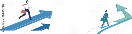 Illustration Set of Businessmen Running and Walking on Upward Arrows Symbolizing Career Growth and SuccessIllustration Set of Businessmen Running and Walking on Upward Arrows Symbolizing Career Growth