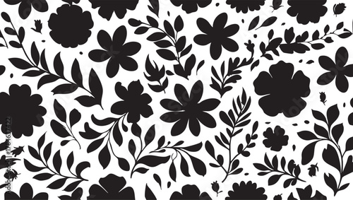 Black and white floral vector pattern: seamless flower and leaf design eps silhouette