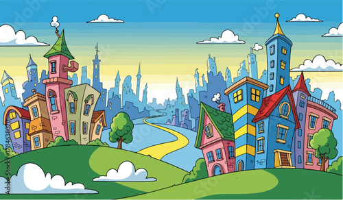Whimsical Cartoon Cityscape with Winding Yellow Path