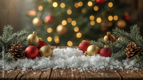 Decorazione natalizia con palline rosse e dorate, neve artificiale e rami di abete. Generative AI