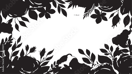 Black and white floral vector frame: roses, leaves, and flower silhouette eps