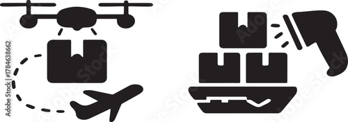 Delivery drone carrying package with dotted flight path vector, modern logistics and air transport design.