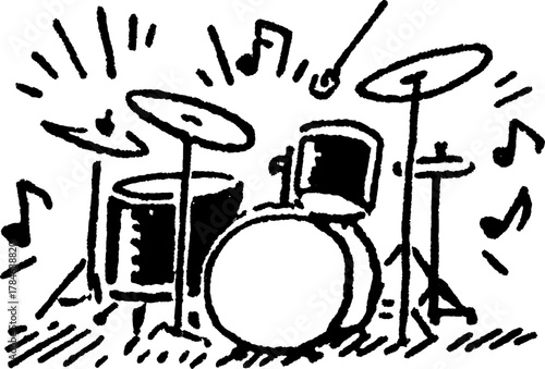 Drums, a musical instrument set featuring cymbals and percussion elements. Simple black and white vector illustration.