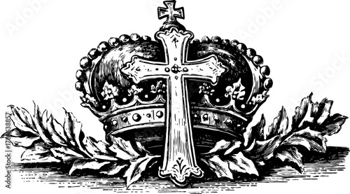 Christian cross with a royal crown, ornate vector illustration featuring black and white graphics. Spiritual themes presented in a detailed set.