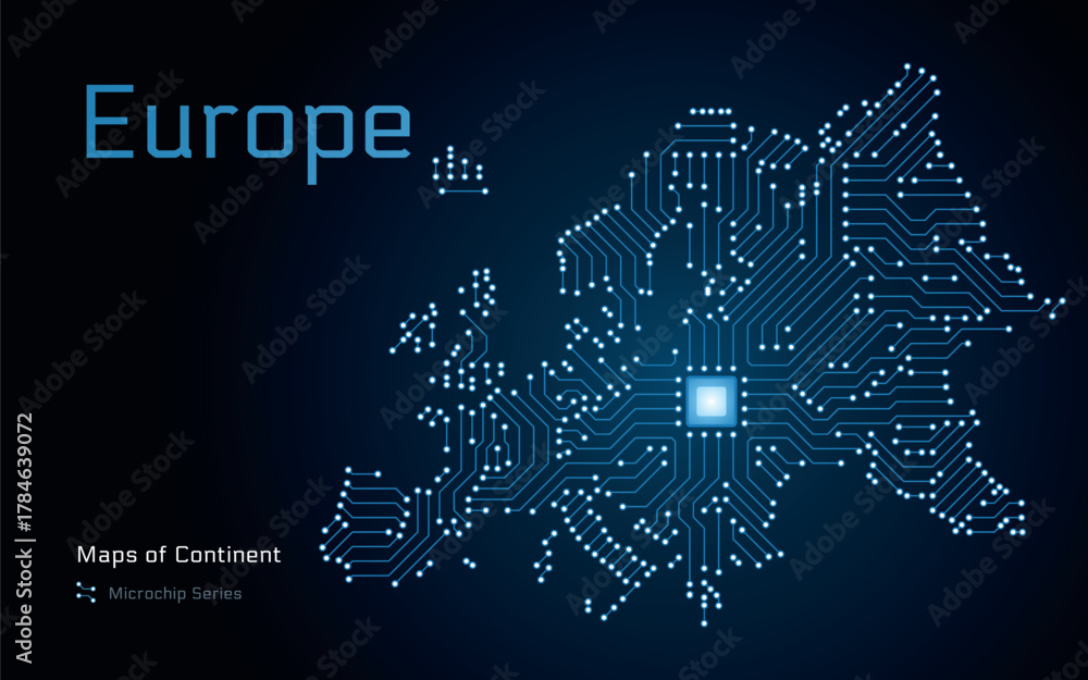 Obraz premium Europe continent map in microchip pattern with Brussels as the central chip, vector design