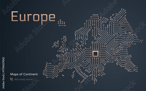 Europe continent map in microchip pattern with Brussels as the central chip, vector design