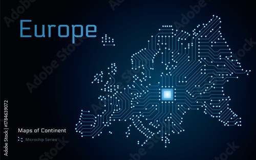 Europe continent map in microchip pattern with Brussels as the central chip, vector design