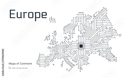 Europe continent map in microchip pattern with Brussels as the central chip, vector design