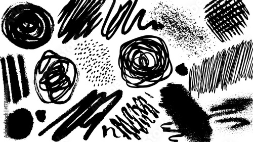 Abstract black brush strokes and patterns in various shapes. This set of vector illustrations offers unique textures for modern graphic design.