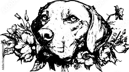 Dog portrait illustration in black and white with flowers. Hand-drawn vector artwork set featuring detail and texture.
