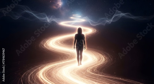 A silhouette of a person walking along a glowing, swirling path in a surreal, cosmic environment with stars and nebulae in the background