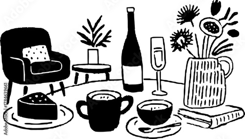 Hand-drawn table set featuring a chair, food, and drinks. Simple black and white vector illustration creating a cozy atmosphere.